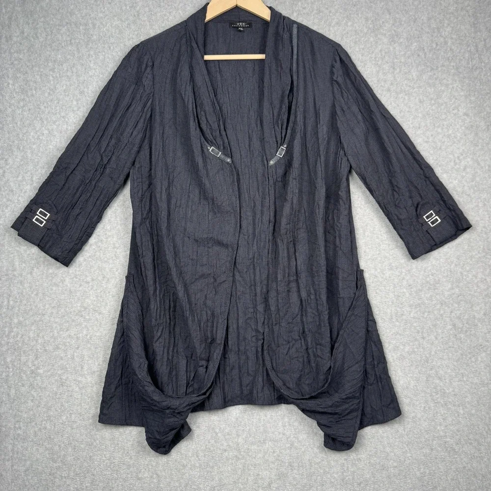 Vex Collection Cardigan Womens 42 / Large Navy‎ Crinkle Buckle 3/4 Sleeve Open